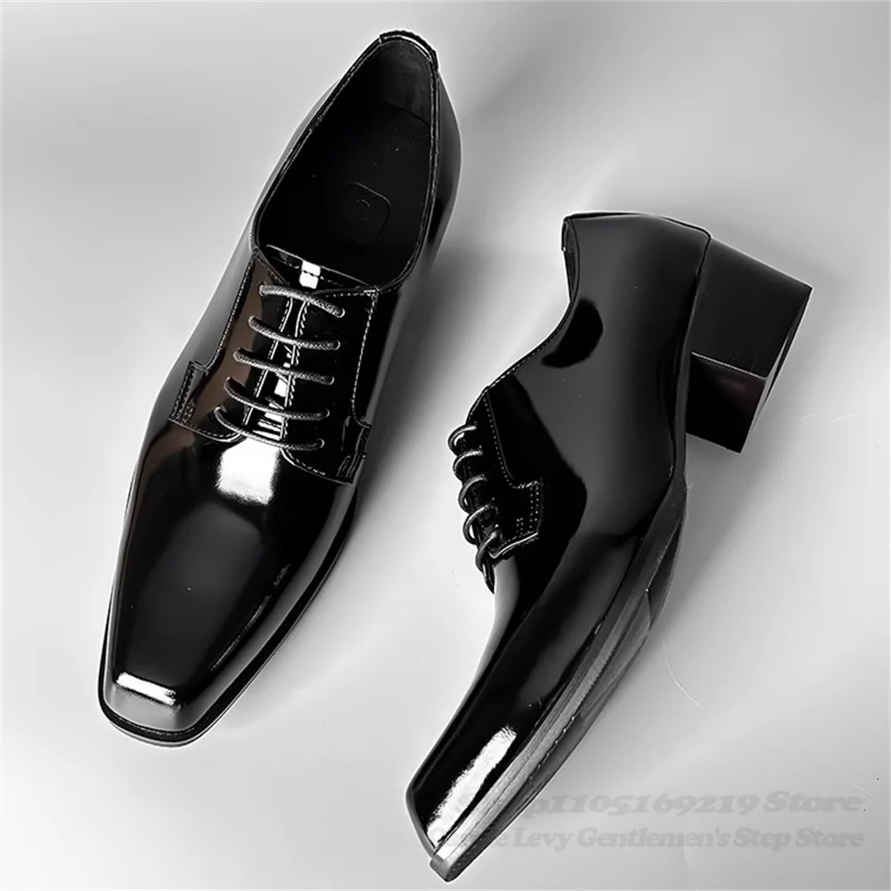 

Men's High-Heeled Leather Shoes Autumn Casual Shiny Leather Square Toe Derby Shoes Black Solid Color Lace Up Chunky Heel Shoes