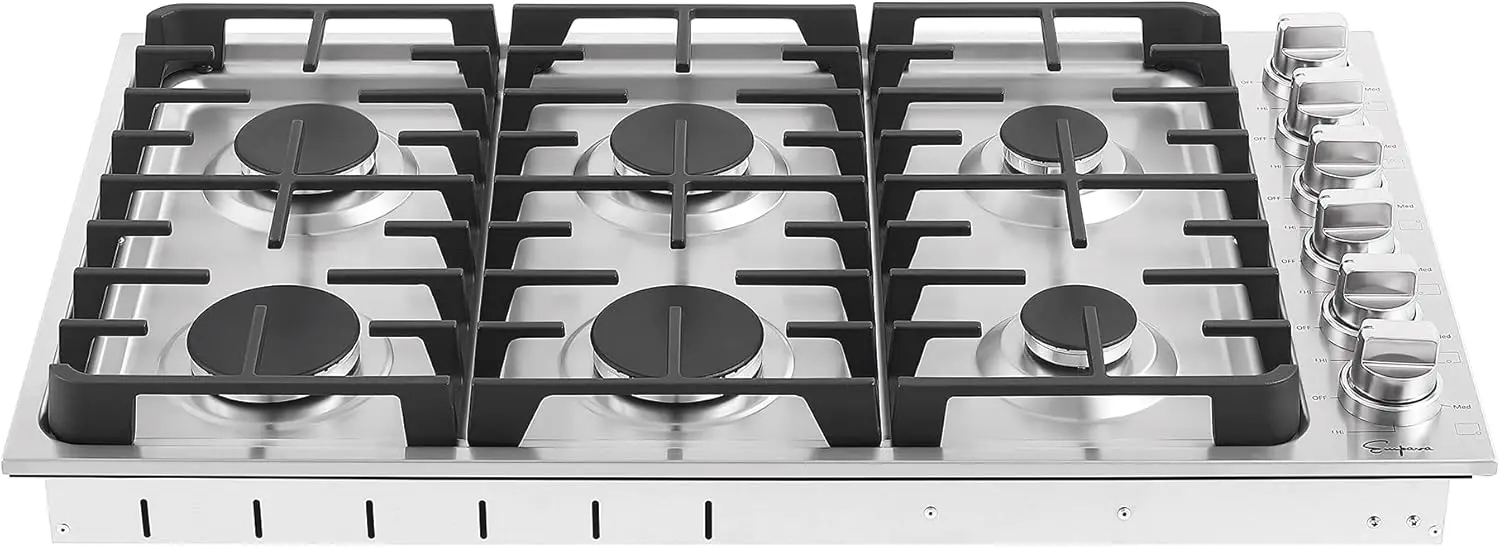 Table de cuisson pour cuisinière à gaz avec 6 brûleurs scellés, NG, GPL convertible, acier inoxydable