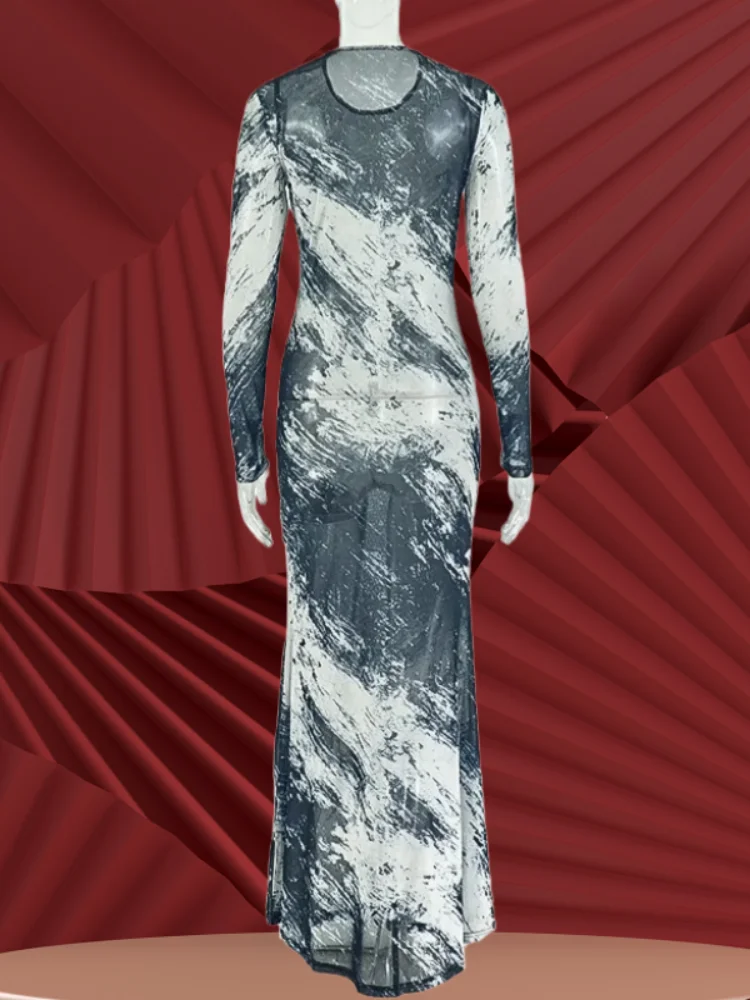 Sister Star Women Dress Printed Elegant Straight Bodycon Dress Fashion Color Block Round Neck Long Sleeve Dress Outfit Vestidos