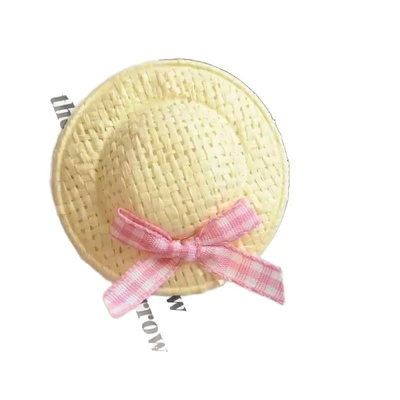 4 Stück Mini-Haarspangen und Haargummis in Strohhut-Form, weiche Pastellfarben, Karomuster-Schleifen für Mädchen, ideal als Sommer-Haarschmuck für den täglichen Gebrauch. – Detail 5