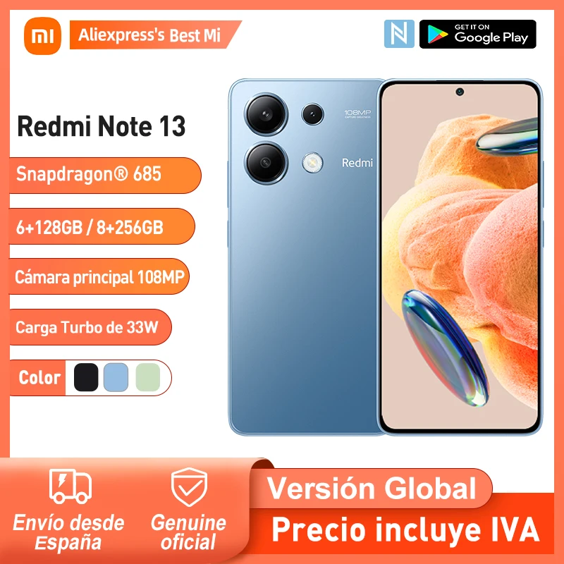 Xiaomi Redmi Note 13 Versão Global 128GB/256GB Snapdragon 685 6.67" AMOLED Display 120Hz Câmera Principal Traseira 108 MP Carregamento Rápido 33W NFC