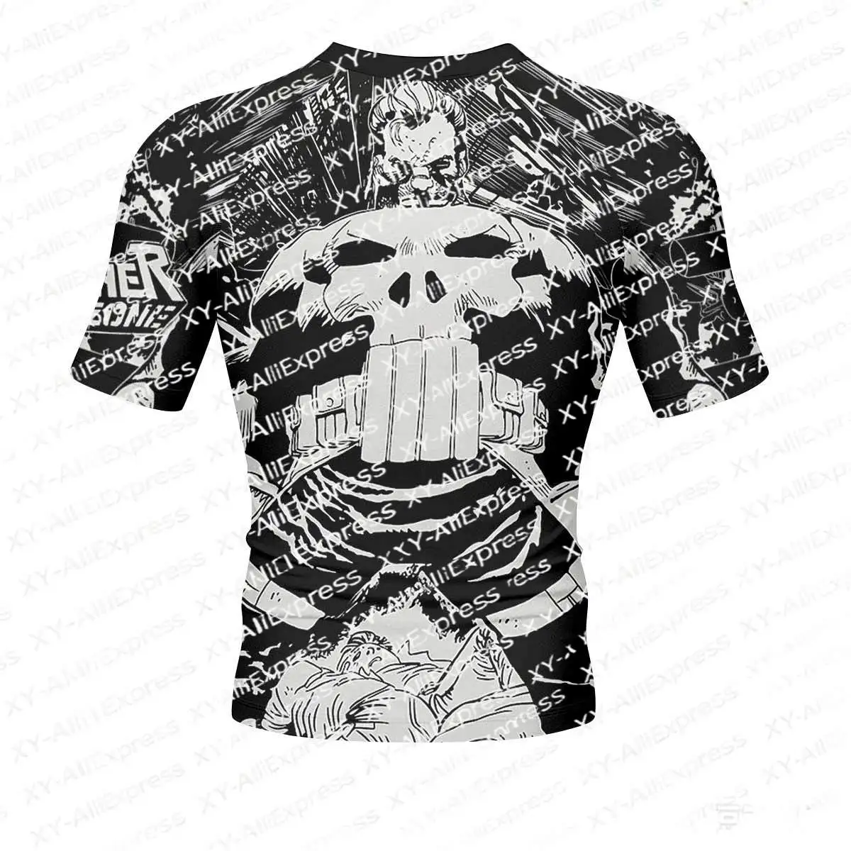 Men's Comic-style Character Skull Pattern Fitted T-shirt, Black and White Cartoon Art, Quick-dry Sports Top for Gym Training