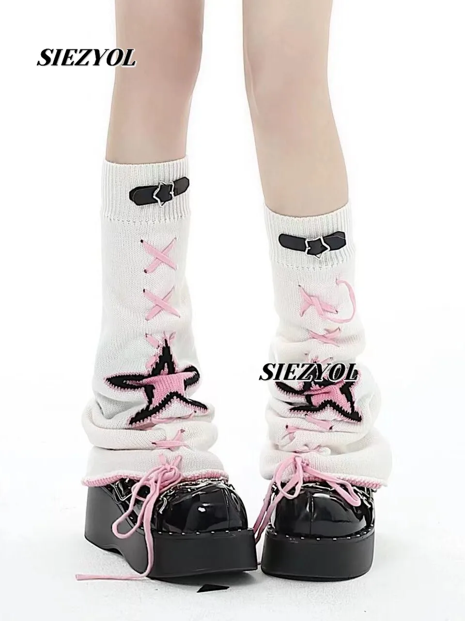 Sweet Girls Knitting Lace-up Leg Warmers Autumn New Arrival Original Leather Buckle Subculture Straps Calf Pile Socks