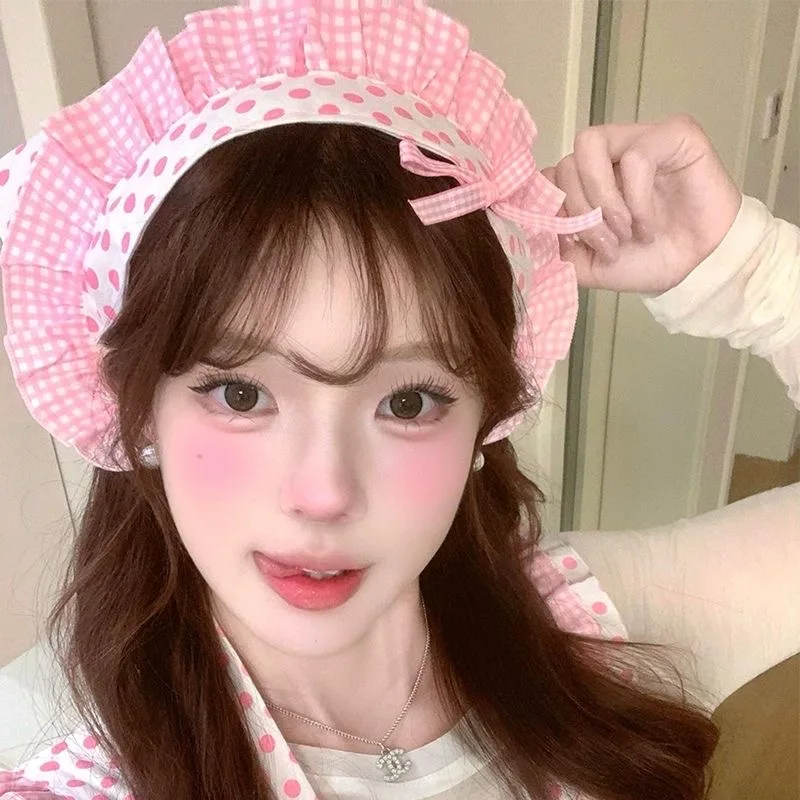 

Pink Ruffled Polka Dots Triangle Bandana Hair Scarf Korean Ins Headscarf Fashion Chic Headwrap Women Hair Accessories Headwear
