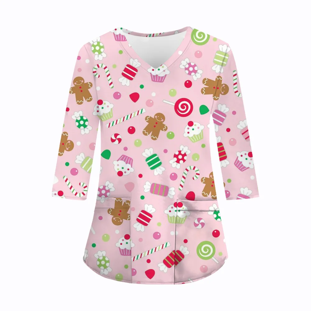 Uniformi mediche da donna Natale Cartoon Stampa Moda Scollo a V Dental Spa Infermiera Autunno Manica lunga Tasca applicata Uniformi chirurgiche