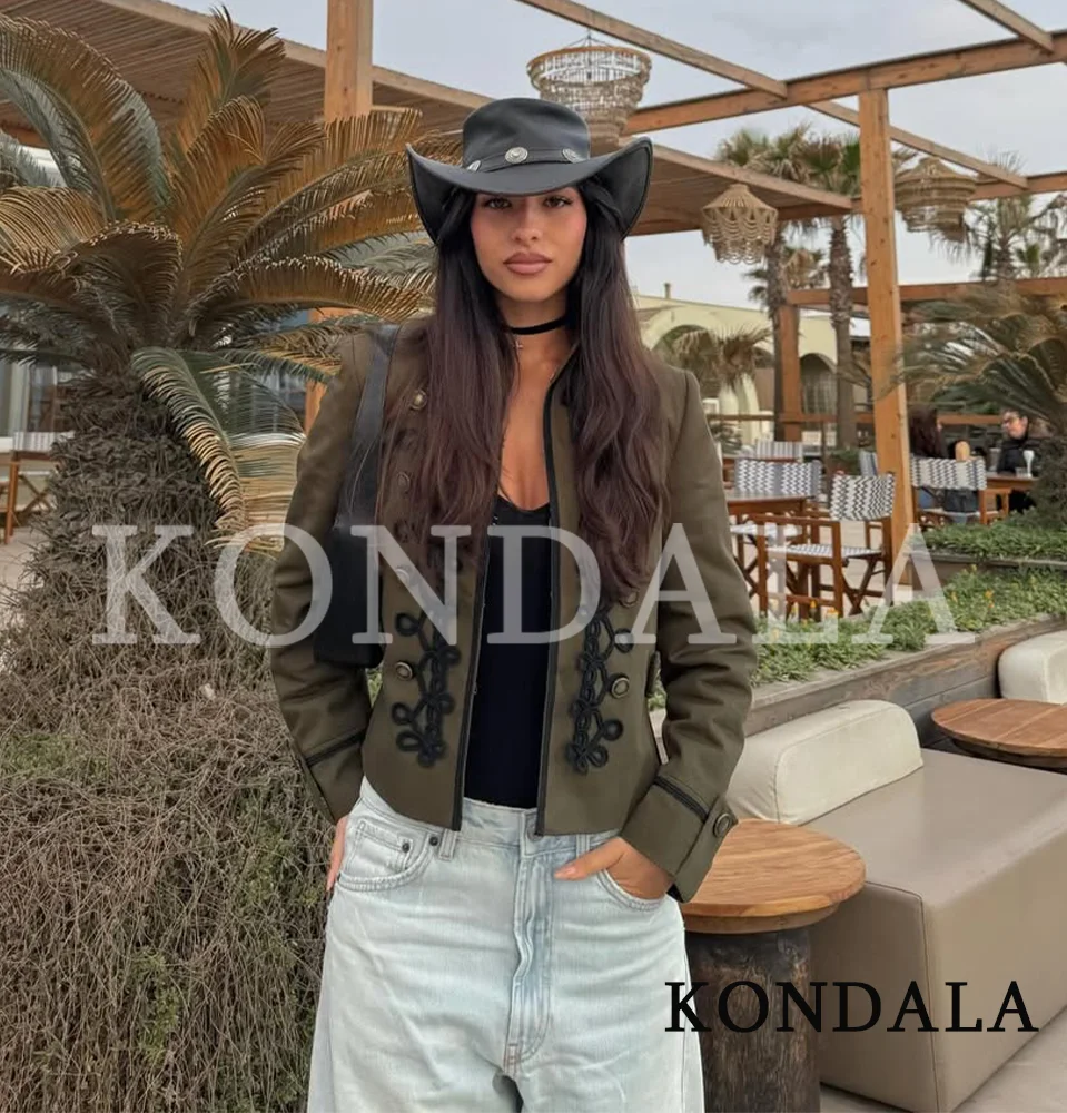 KONDALA Vintage Chic Slim Jacket Women 2026 Spring Fashion Elegant Retro Jacket Vacation Casual Knotted Decoration Zip-up Jacket