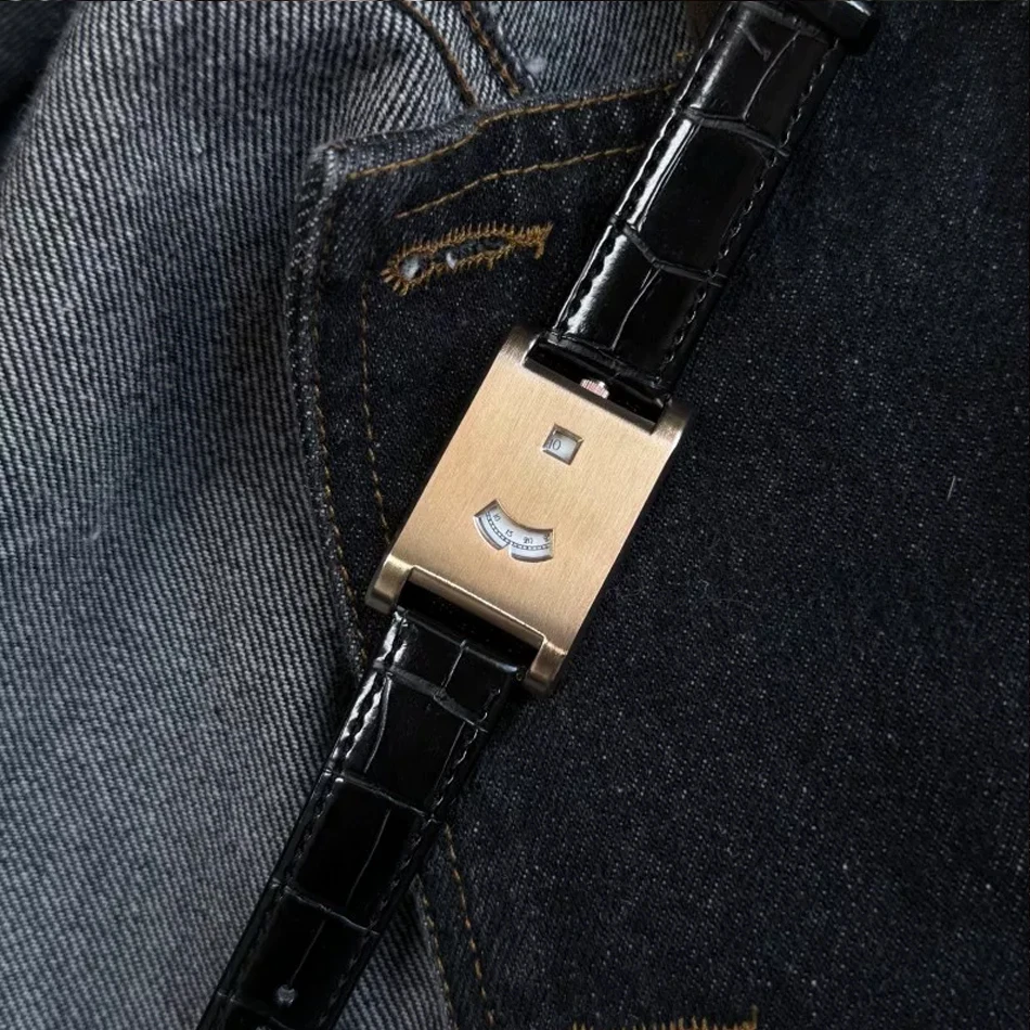 Men's Stainless Steel Square Watch Unique Jump Hour Digital Wristwatch Fashion Bracelet Quartz Watch Reloj Hombre Leather Strap