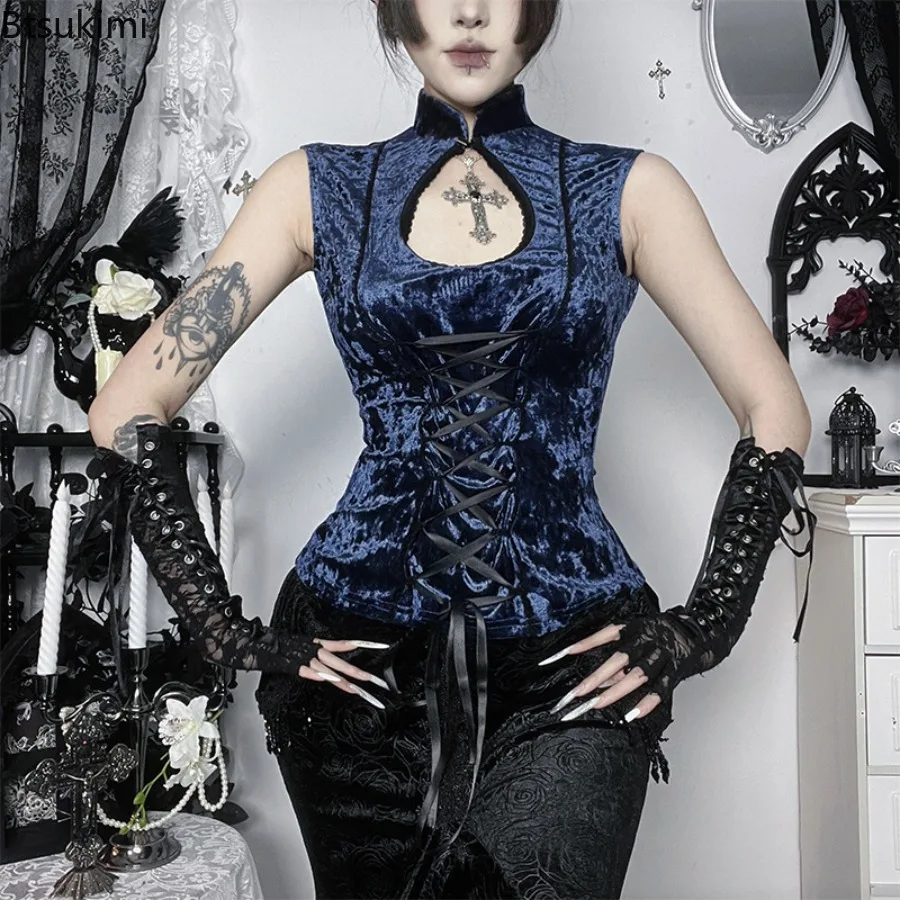 Women Gothic Velvet Corset Top High Neck Hollow Cross Pendant Vintage Dark Style Sleeveless Lace Up Slim Fit Party Crop Tank Top