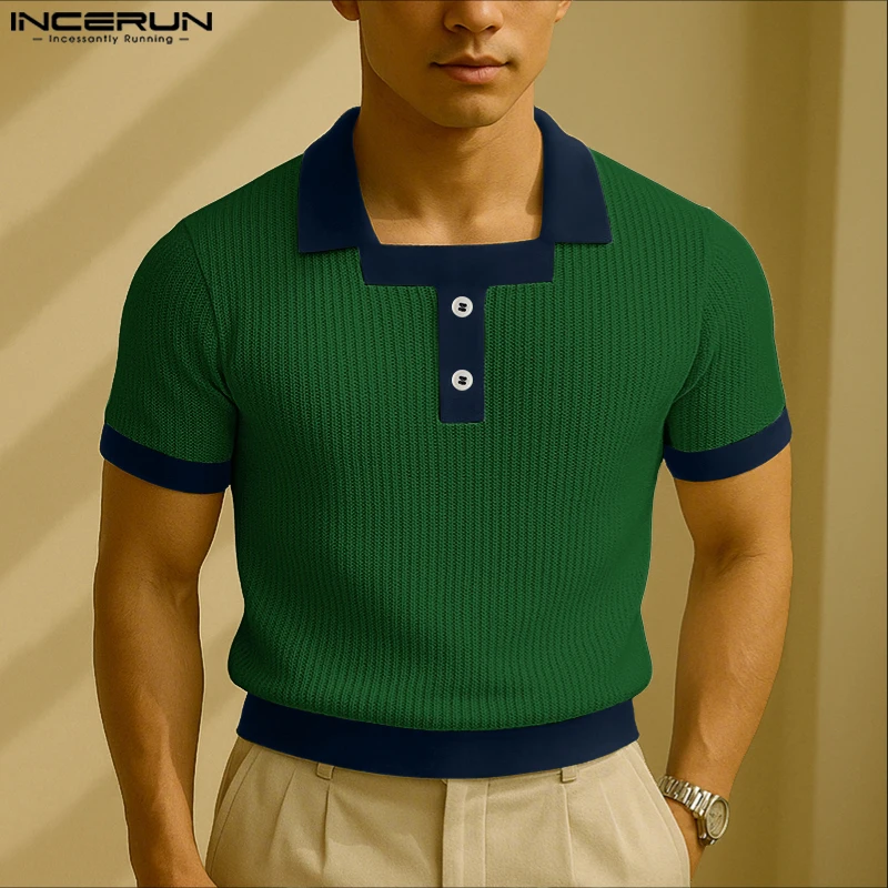 

INCERUN Men Shirt Patchwork Knitted Lapel Short Sleeve Summer Male Shirts Streetwear 2025 Color-block Casual Men Clothing Tops