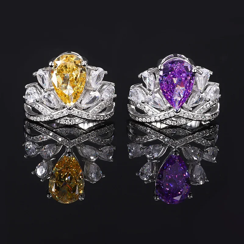

Jewelry S925 silver plated 18K gold fashionable high carbon diamond ice flower cut design gemstone crown ring for women 8*12