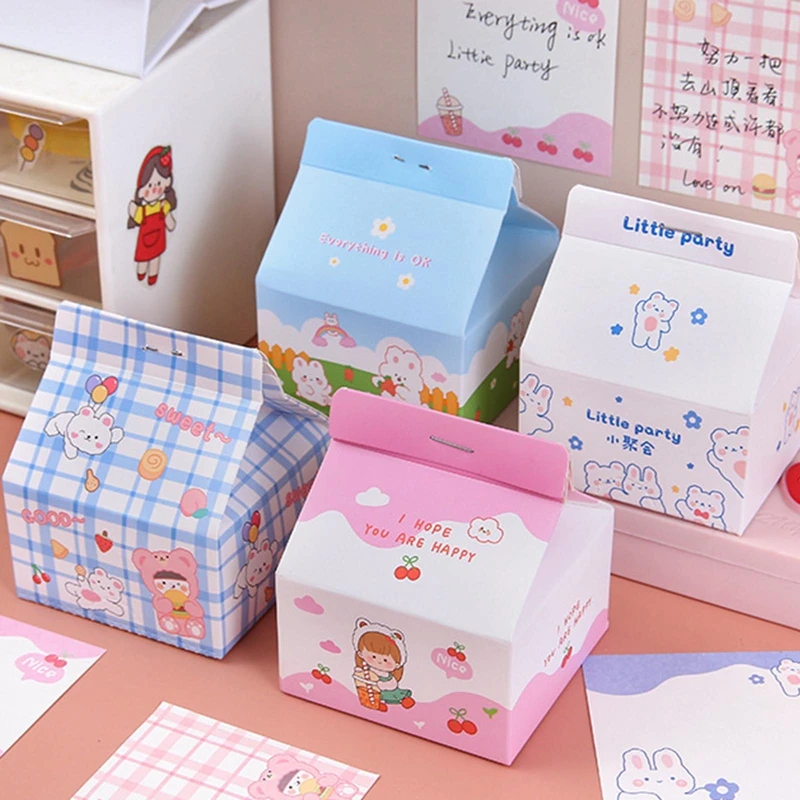 200 Sheets Cartoon Cute Bunny Memo Pad Sticky Notes Milk Box Memo Message Label Note Book School Office Supplies Stationery