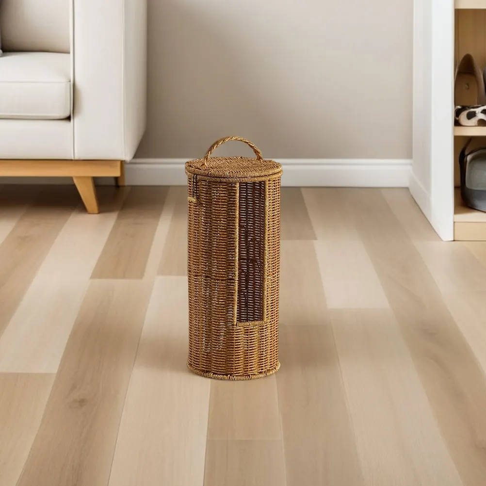 

Elegant Faux Rattan Round Storage Basket Lid Towels Toilet Paper Organizer Home Hotel Bathroom Living Room Decor