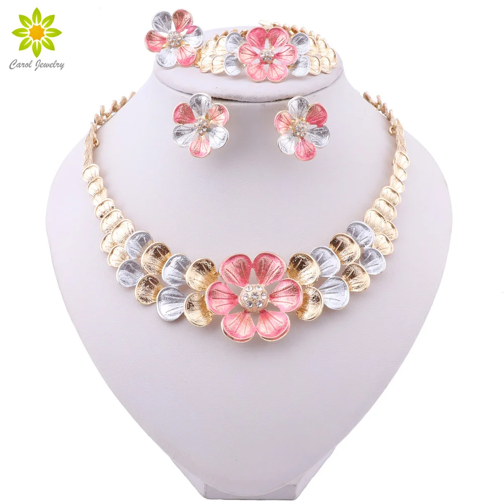 Fashion Jewelry Sets Nigeria Dubai Gold Color Necklace Earring Set for Women Africa Bead Bridal Flower Jewelry Set Wedding Gifts