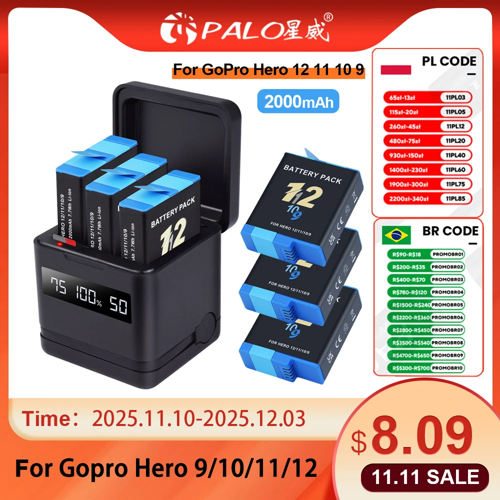 

Аккумулятор PALO для GoPro Hero 12 11 10 9 2000 мАч + ЖК-дисплей 3-ходовой быстрый зарядный ящик для хранения карт TF для аксессуаров GoPro Hero