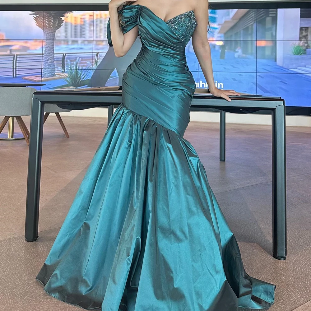 

Customized Satin A-Line One Shoulder Crystal Evening Dress Strapless Floor Length Half Sleeves Panel Train Vestidos de fiesta