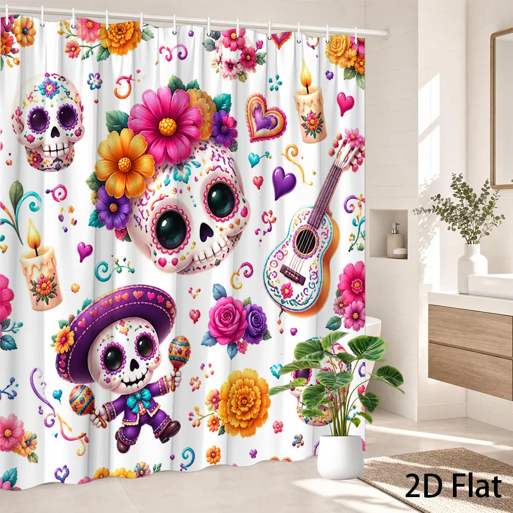 Colorful Sugar Skull Shower Curtain, Day of the Dead Decor, Mexican Guitar Flower Waterproof Polyester Bath Screen Festival Home