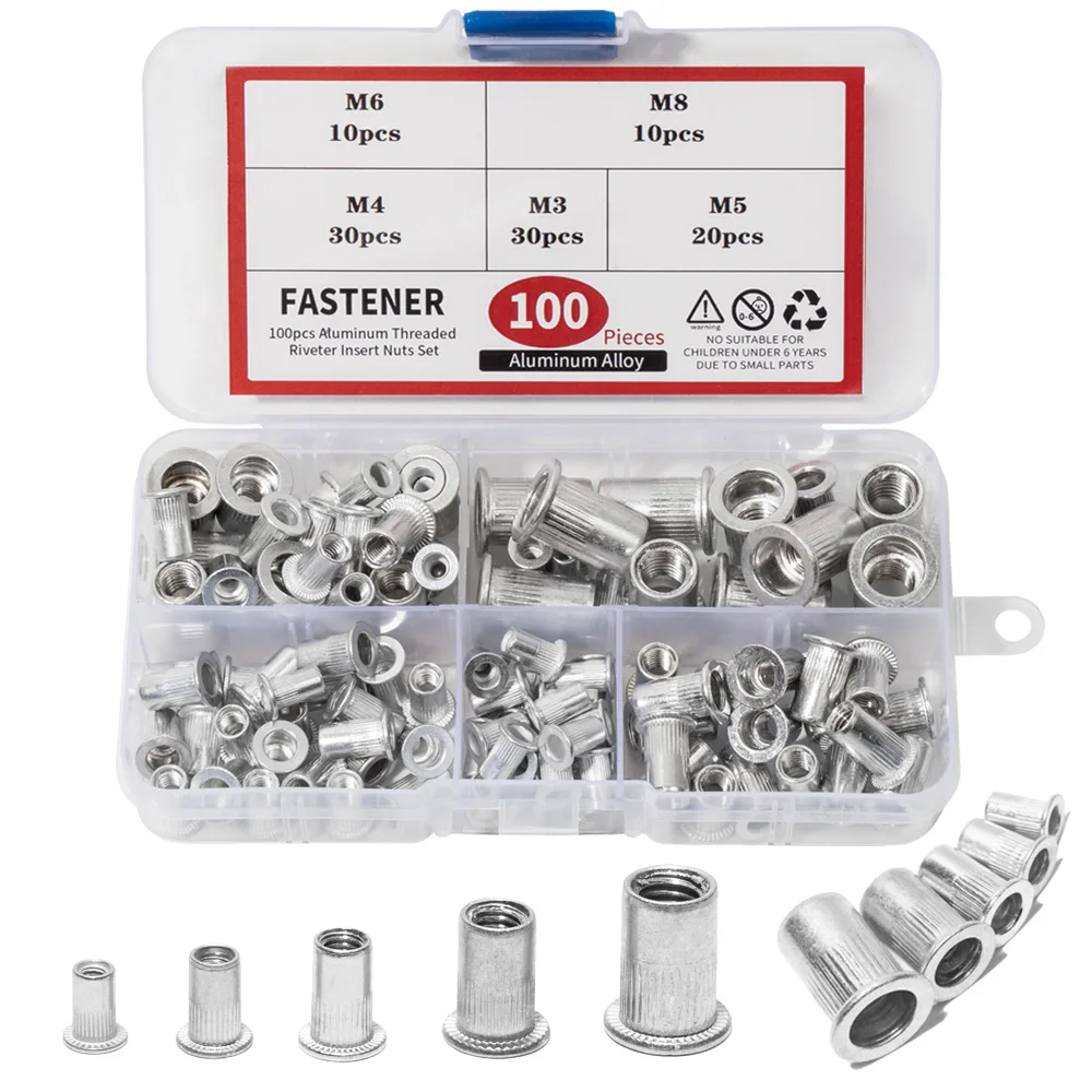 100 Pieces Aluminum Rivet Nuts, M3 M4 M5 M6 M8 Flat head Rivnuts, Threaded Insert Nutsert Nuts Kit, Metric Rivet Assortment Sets