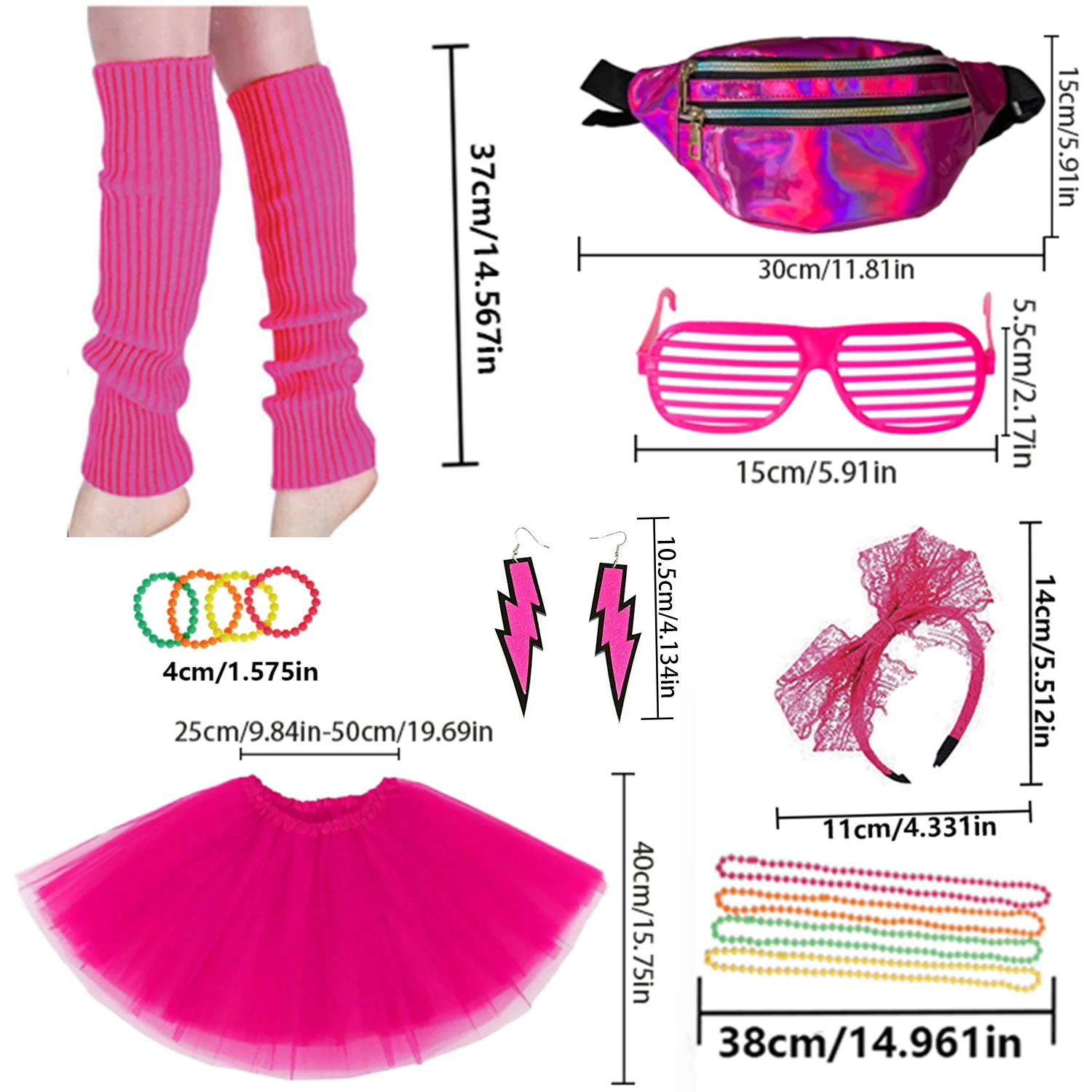 80年代ネオンワークアウトコスチュームアクセサリーセット10点入り レッグウォーマー（女性用）80年代ヘッドバンド、リストバンド、ファニーパック（ヨガ、ランニング用）