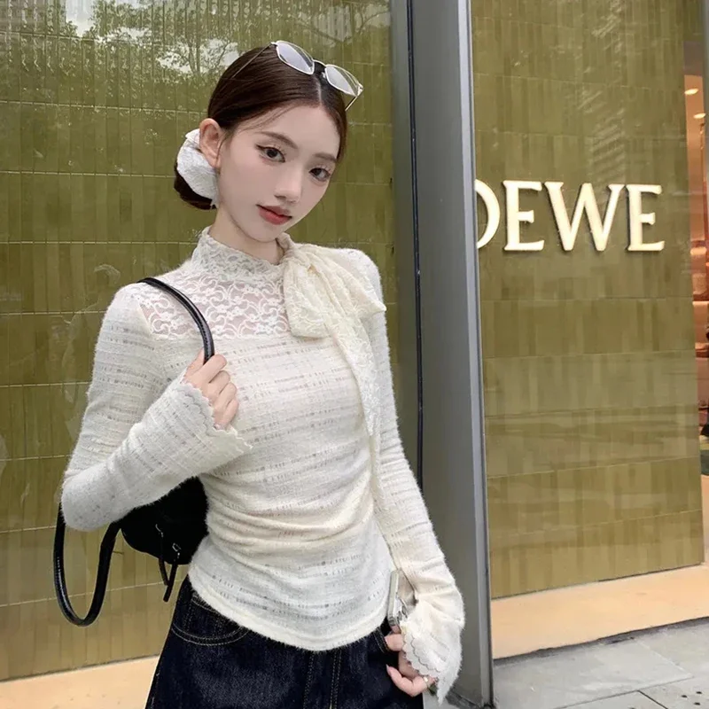 White Lace Bow Pennant T-Shirt Women Simple Long Sleeve Spring Fall Elagant Slim Chic Pullover Fashion Patchwork Sweet Tops