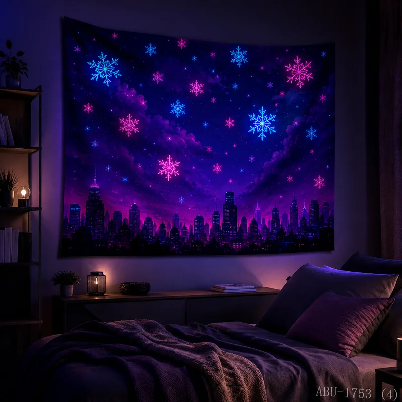 VIKAMA Neon Purple Green Aurora Forest Reindeer Herd Light Pillar Tree Gift Snow Reflection Christmas Tapestry Wall Hanging Soft