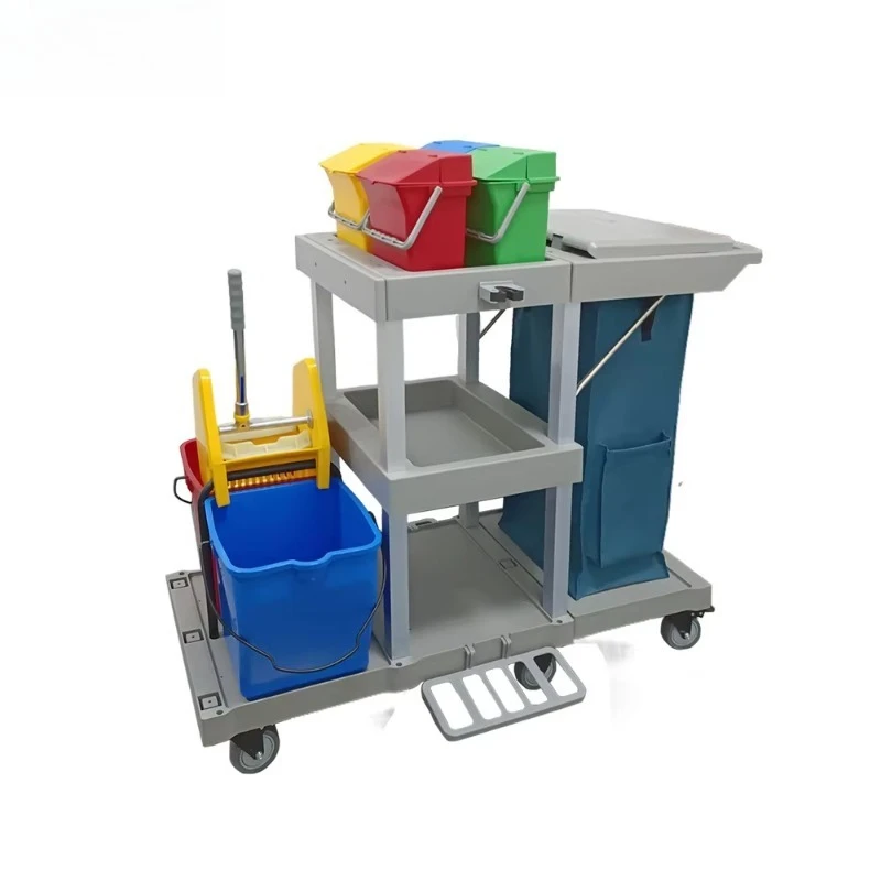 Commercial Housekeeping Plastic Cleaning Cart with Double Bucket 4-Wheel 200 lb Capacity Gray