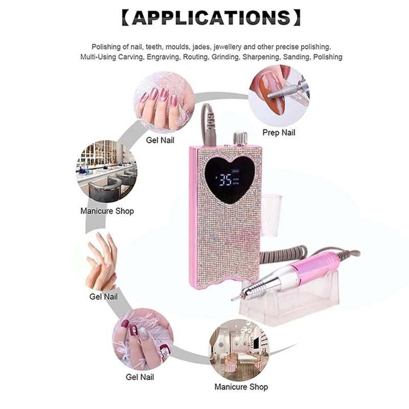 AAAU-Electric Nail Drill With Rhinestone Rechargeable Nail File 35000 RPM Heart Shape Wireless Pedicure Grinder EU PLUG