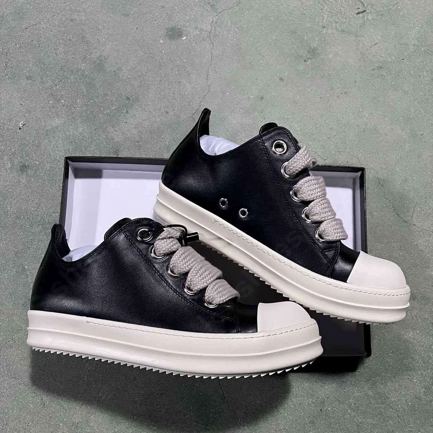 

Ricks Genious Black Leather Low Top Shoe Geobasket Owens Quality Men Shoe Jumbo Laces Women Sneaker Casual Owens Design Shoes