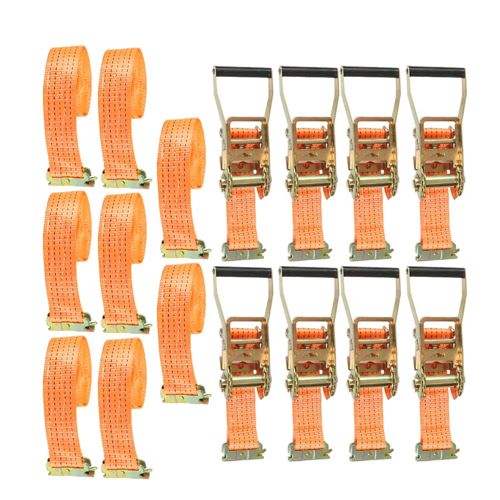 8 Pieces 2 Inches -15 Inches Ratchet Straps with Bearing 4000 Pounds Orange Fastening Tools are Used to Move and Fix Goods and Truck Trailers