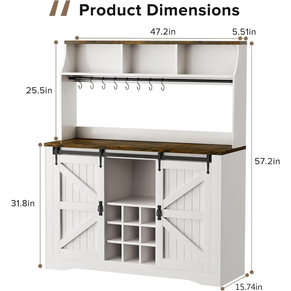 57 بار قهوة، خزانة بار قهوة المزرعة مع مساحة تخزين من 3 طبقات، خزانة مطبخ طويلة مع 8 خطافات و9 رفوف نبيذ،
