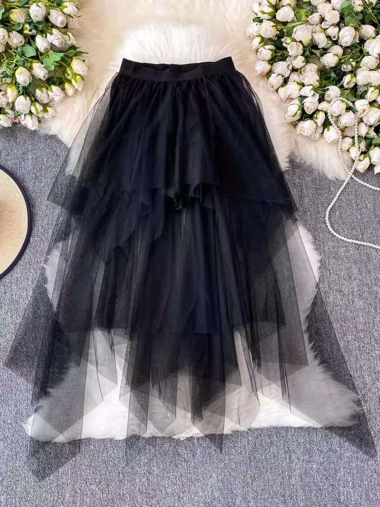 

Casual Skirts Punk Sexy Net Yarn High-Waisted Irregular Women Summer 2025 New European American Gothic Style Versatile Skirt
