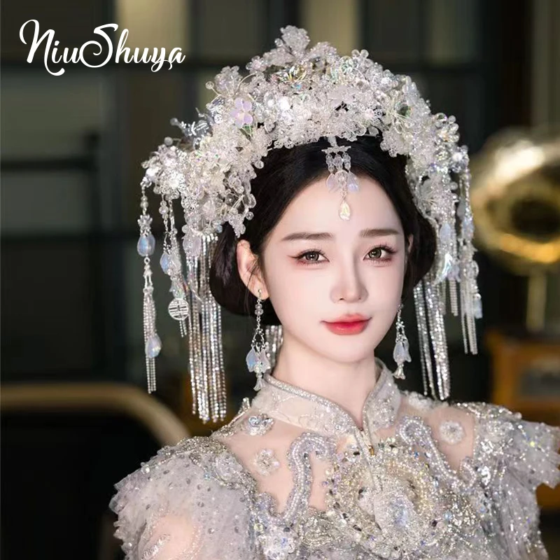 NiuShuya White Crystal Flower Hair Crown Bride Chinese Wedding Headdress Hanfu Xiuhe Dragon and Phoenix  Hair Accessories