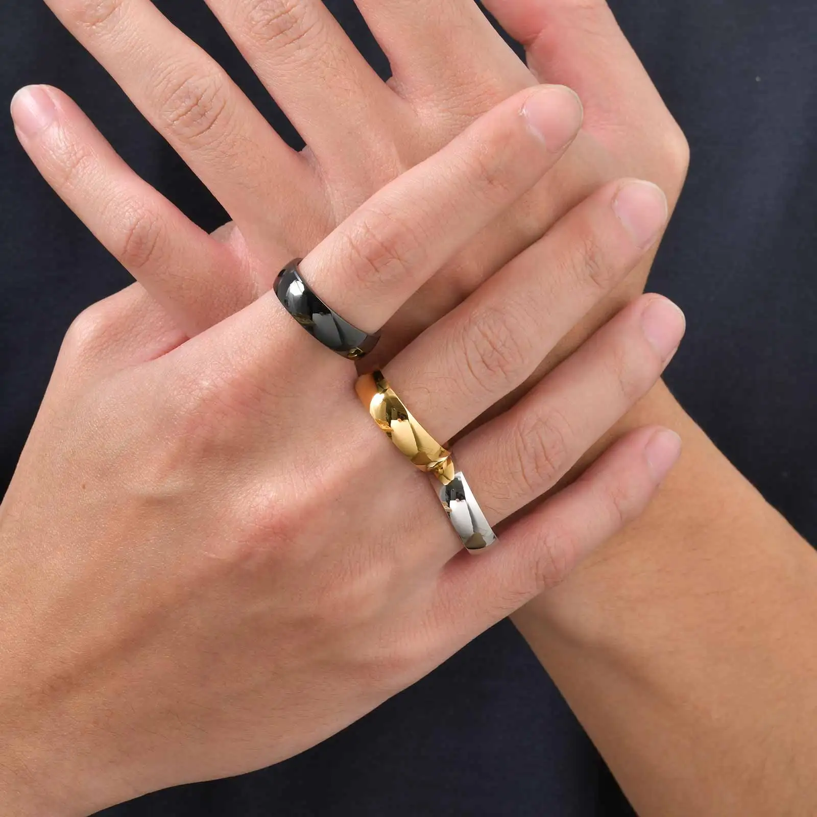 Vnox 3-teiliges Herren-Ringset aus Edelstahl, schwarz, silberfarben, goldfarben, Ehering, Schmuckgeschenk zum Jahrestag, Geburtstag, Party, neu – Detail 4