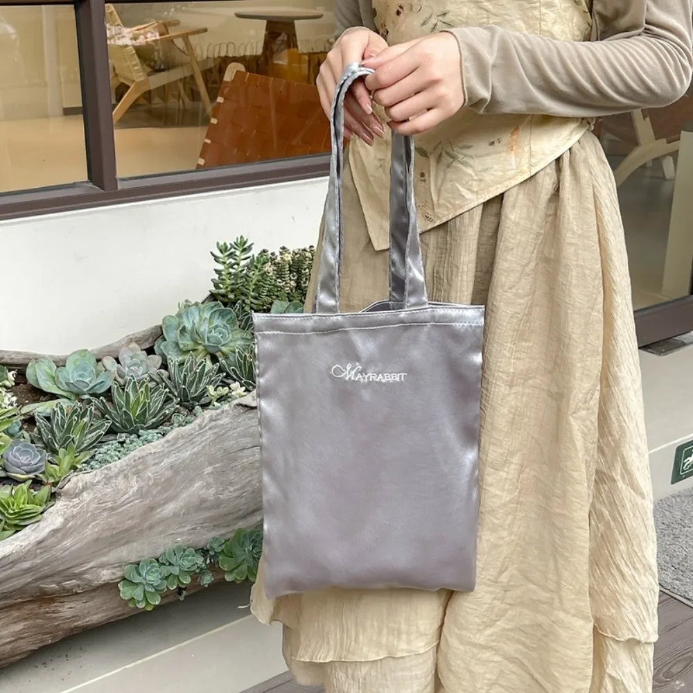 

Letter Embroidery Satin Silk Tote Bag Large Capacity Foldable Canvas Shoulder Bag Solid Color Versatile Simple Underarm Handbag