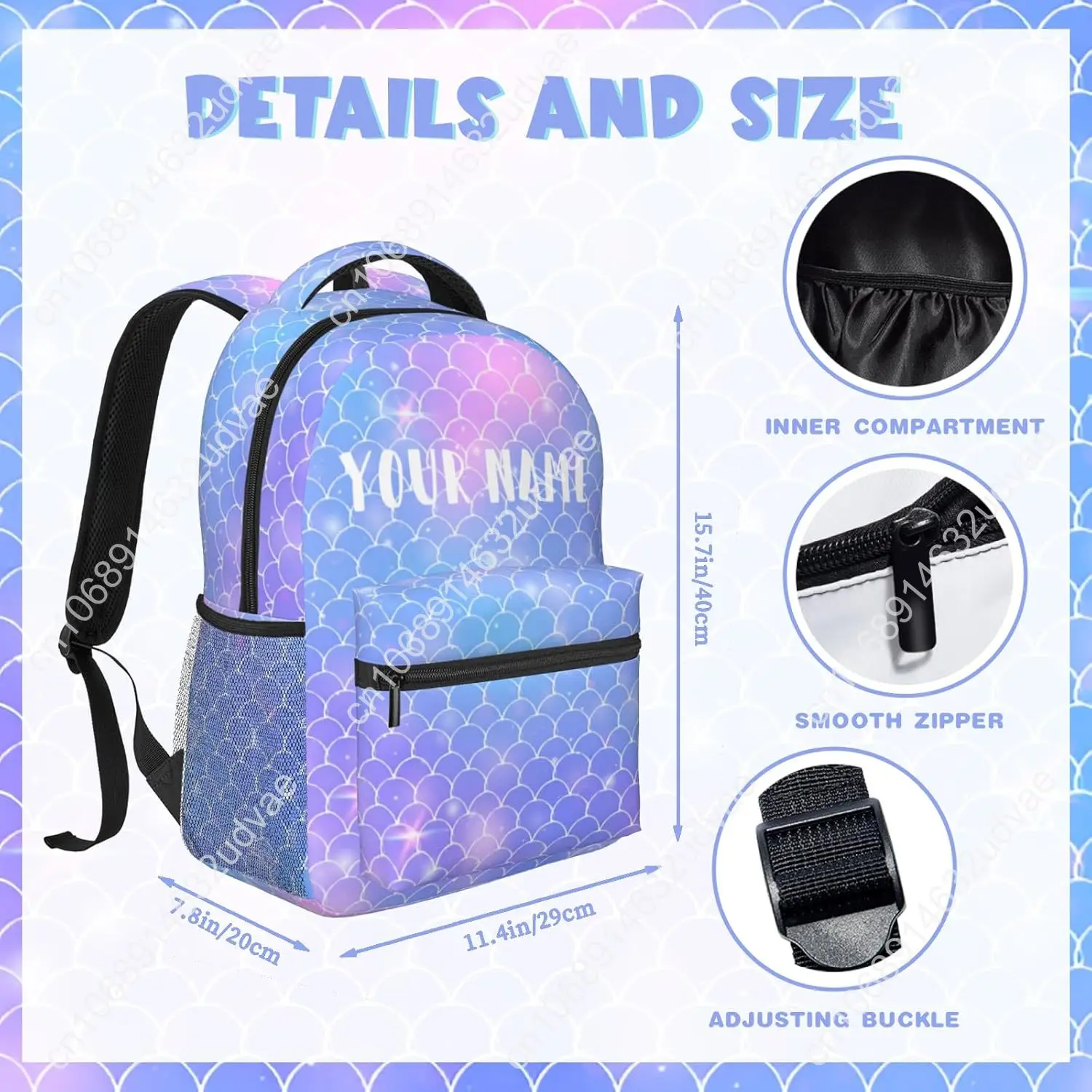 Personalized Backpack for Girls Boys, Custom Backpacks with Name for Kids, Customized Fish Scales School Bookbag for Back to Sch