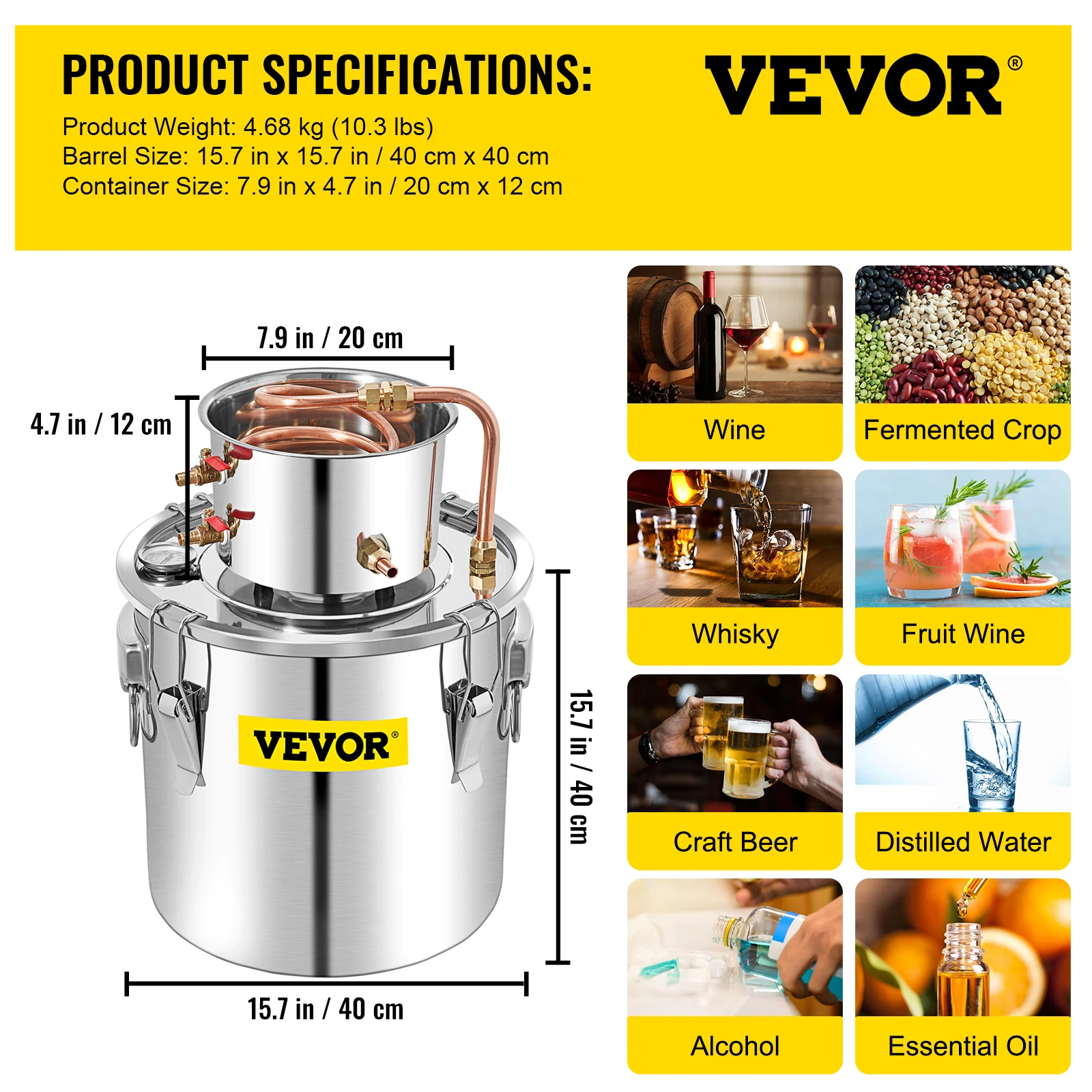 SucceBuy 3 5 8 13 Gal Alcohol Nog Roestvrij Staal Alcohol Distilleerder Koperen Buis Thuis Brouwen Kit voor DIY Whisky Wijn