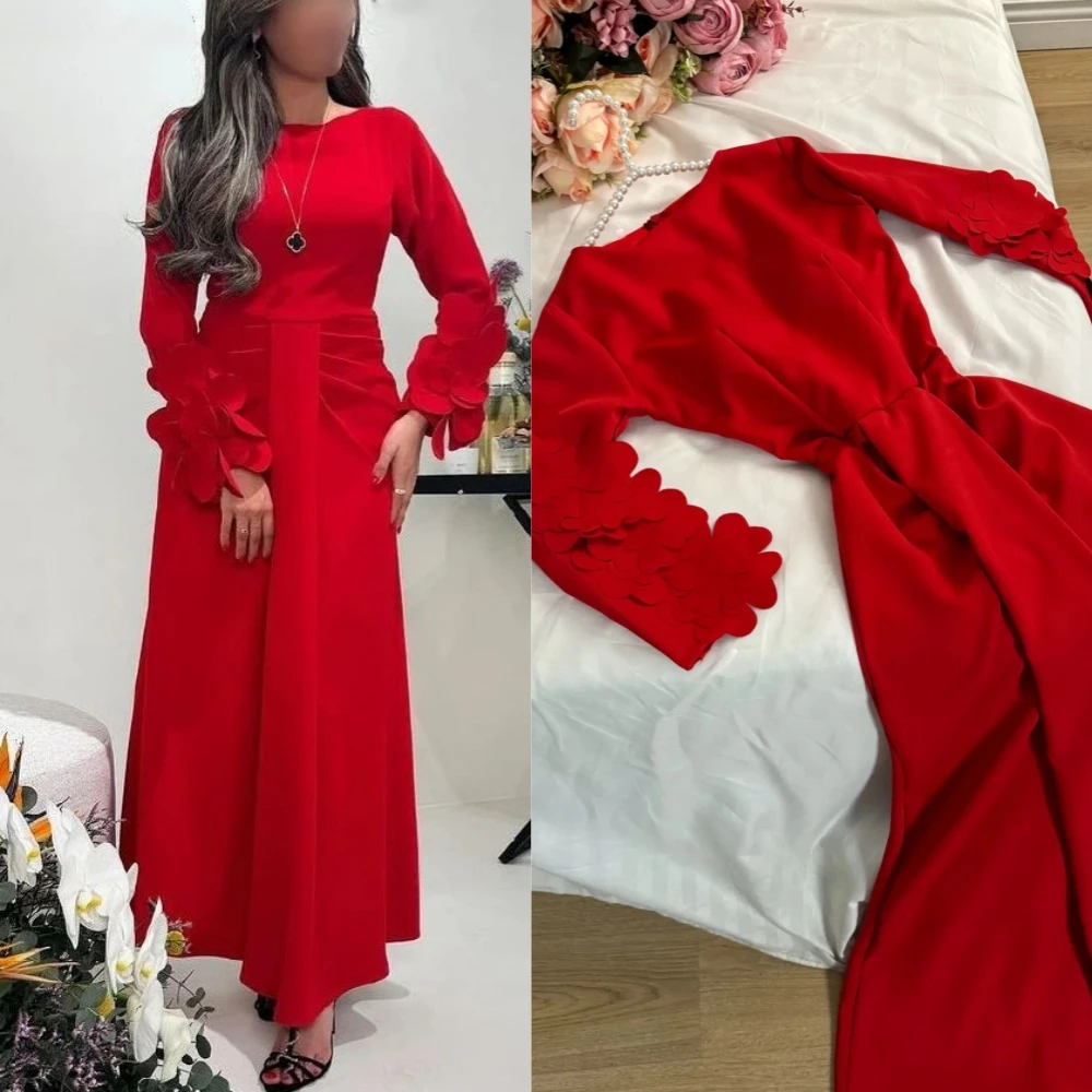 Customized Jersey Flower Pleat Cocktail Party Straight  Scoop Neck Bespoke Occasion Gown Midi Dresses