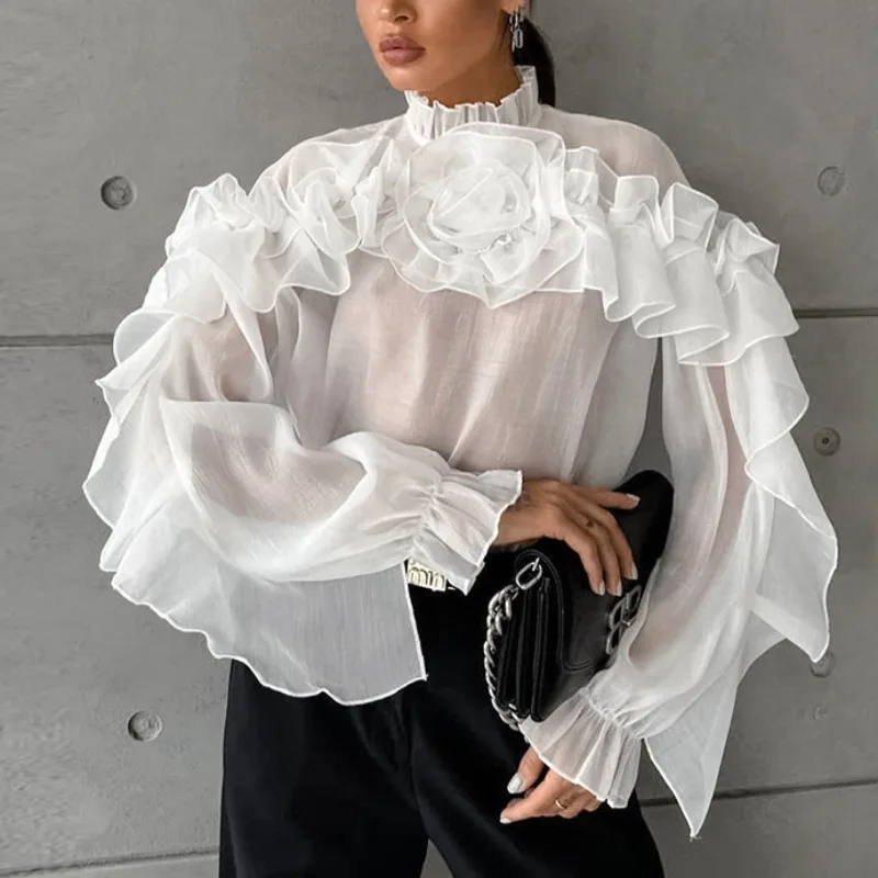 French Mesh Stand Neck Pullover Layered Ruffle Shirt for Summer Women Temperament Commuting 2024 New Fashion Women's Blouses