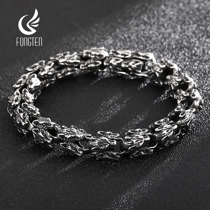 Fongten 22cm Wolf Head Bracelet For Men 316L Stainless Steel Chain Animal Men Charm Bracelets Bangle Gothic Jewelry