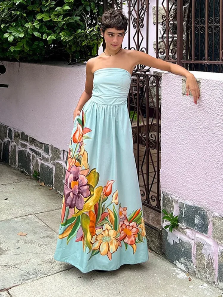 Sukienka damska bez ramiączek, drukowana, plisowana, puszysta, z szerokim dołem, podkreślona w talii, wyszczuplająca, długa sukienka plażowa, jedwabna satyna, szaty.