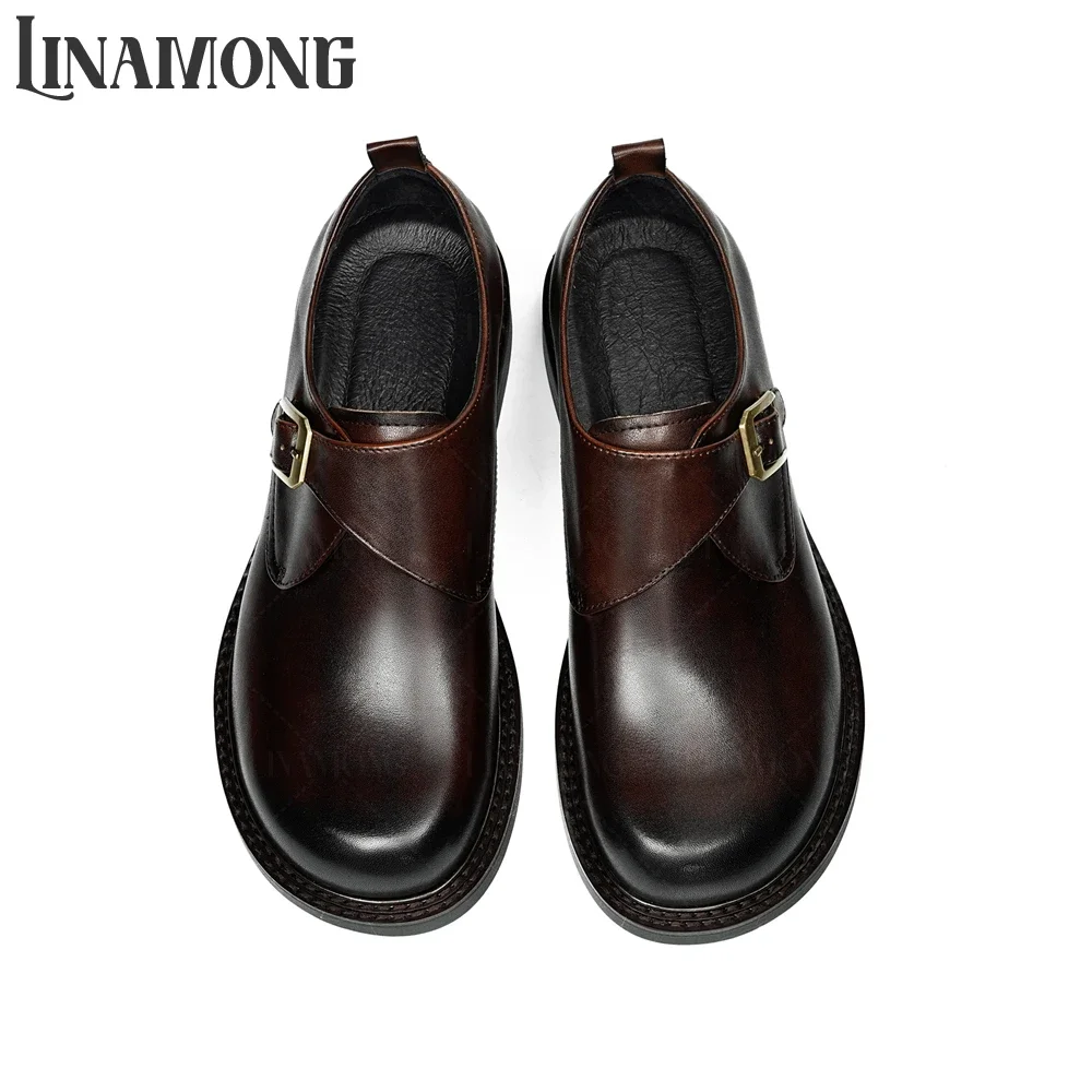 

Round Toe Genuine Leather Monk Shoes Square Buckle Handmade Oxfords Designer Style Business Dress Shoes Black Leather Men Shoes