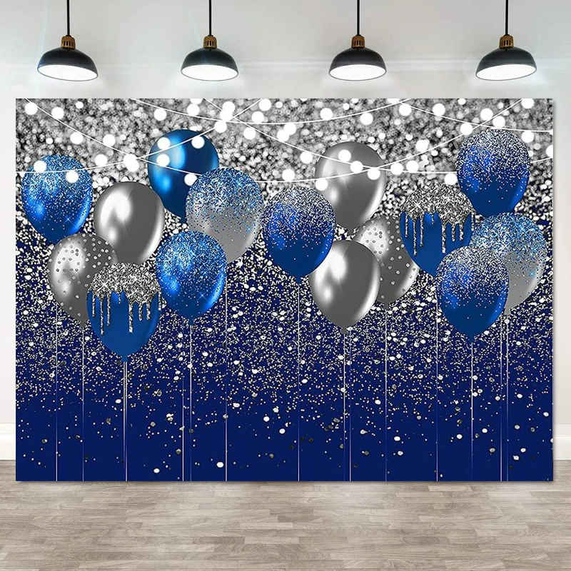 Fondo de fotografía con purpurina azul real para cumpleaños, boda, graduación, fiesta de graduación, decoración de fiesta con globos azules brillantes