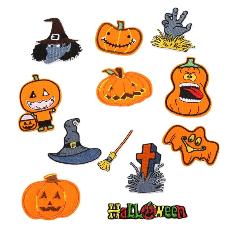 Halloween Iron on Patches Pumpkin Head Thermo Stickers Wizard Hat Sewing Pattern Embroidered Magic Broom Patches for Clothing