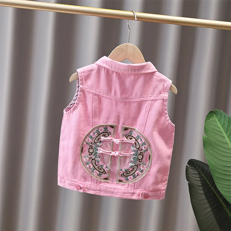 2024 Spring and Autumn Girls Fashion Embroidery Pan Button Lapel Button Pocket Denim Vest Coat Children\'s Clothing 1-8y