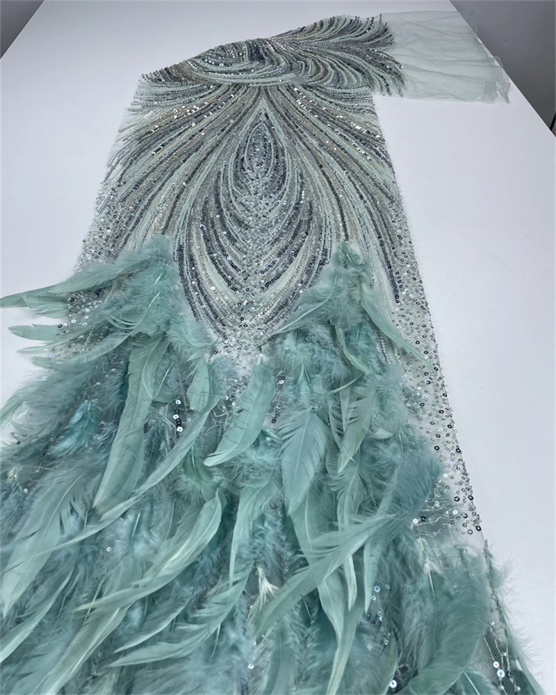 

High End Evening Gown Wedding Dress with Feathery Bead Tube Sequins Embroidered Lace Fabric for Stage