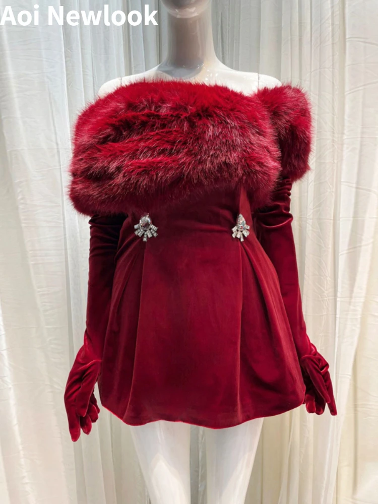 New Year Party Red Velvet Dress Women\'s 2023 Autumn Winter New Diamond Shoulder Detachable Fur Collar Christmas Dating Clothing