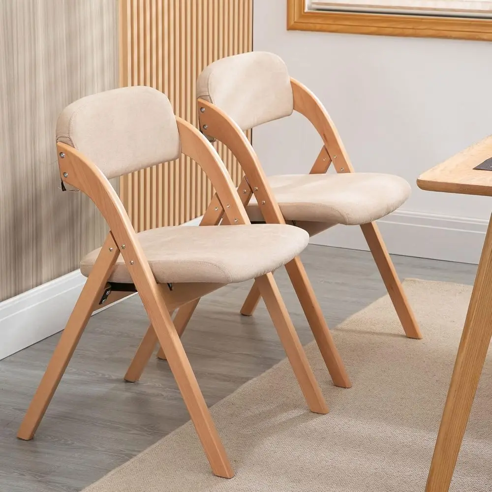Padded Folding Chairs, Wooden Stackable Dining Set for 2, Removable Seat Covers, KhakiCustomized