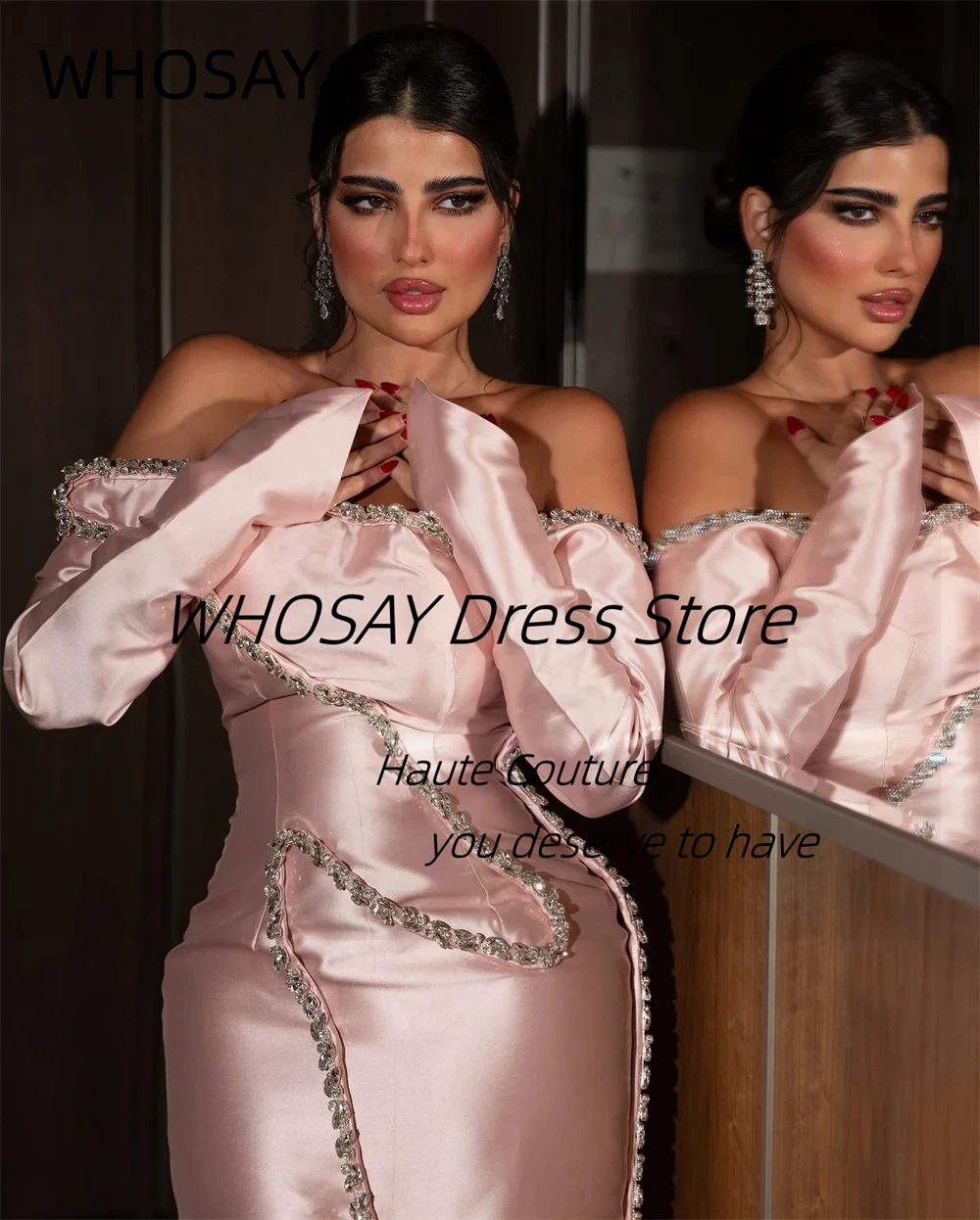 WHOSAY Abendkleid Handmade Crystals Mermaid Prom Dresses Long Sleeves Formal Occasion Dress Side Slit Evening Gowns Customized