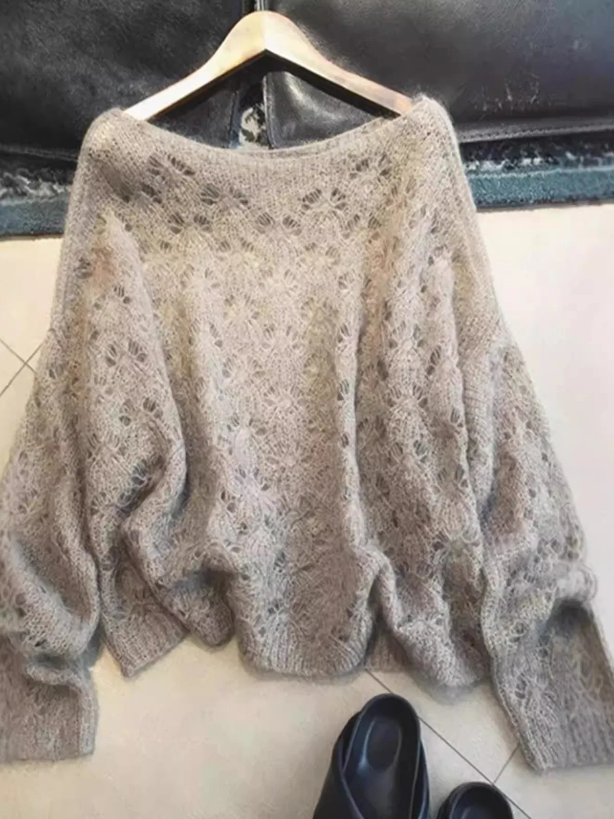 

Ele Hollow out Coffee Colored Women's Sweater Long Sve Soft Mouton Knitted Top Spring Autumn Versatile Lazy Sle