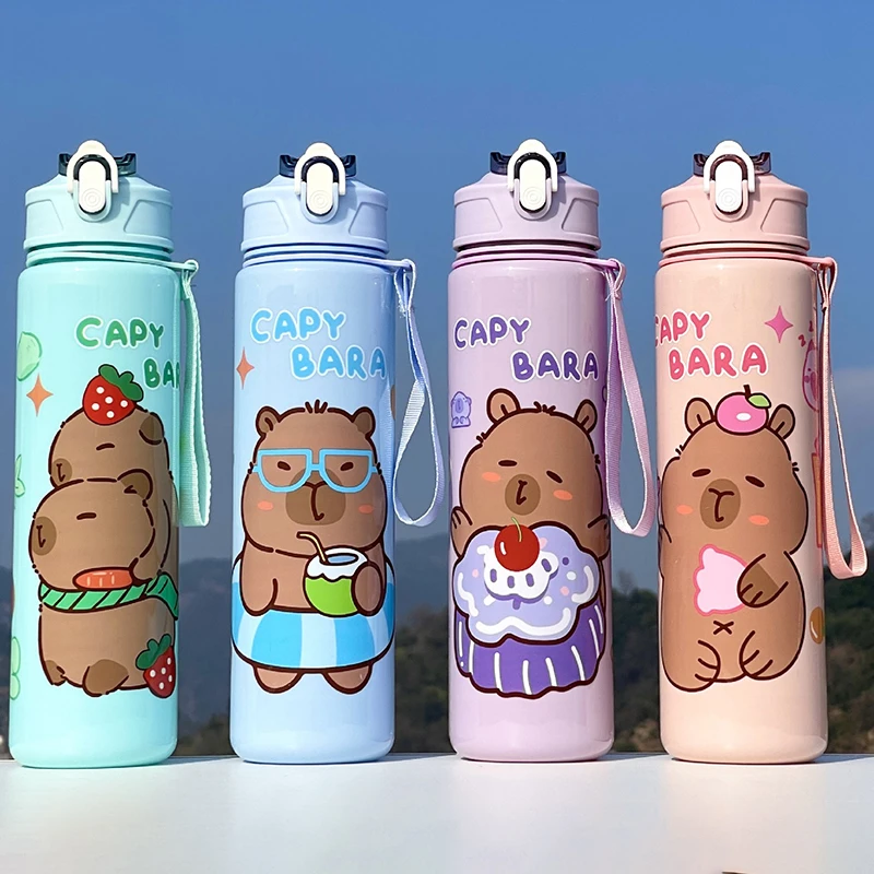 800ML Kids Water Sippy Cup Capybara Cartoon Cup with Straws Leakproof Water Bottle Outdoor Portable Children's Plastic Water Cup