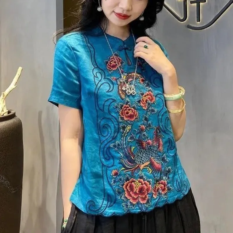 Summer Women's Clothing Crew Neck Solid Color Pullover Embroidered Casual Elegant Plant&Flowers T-shirt Chinese Style Tops